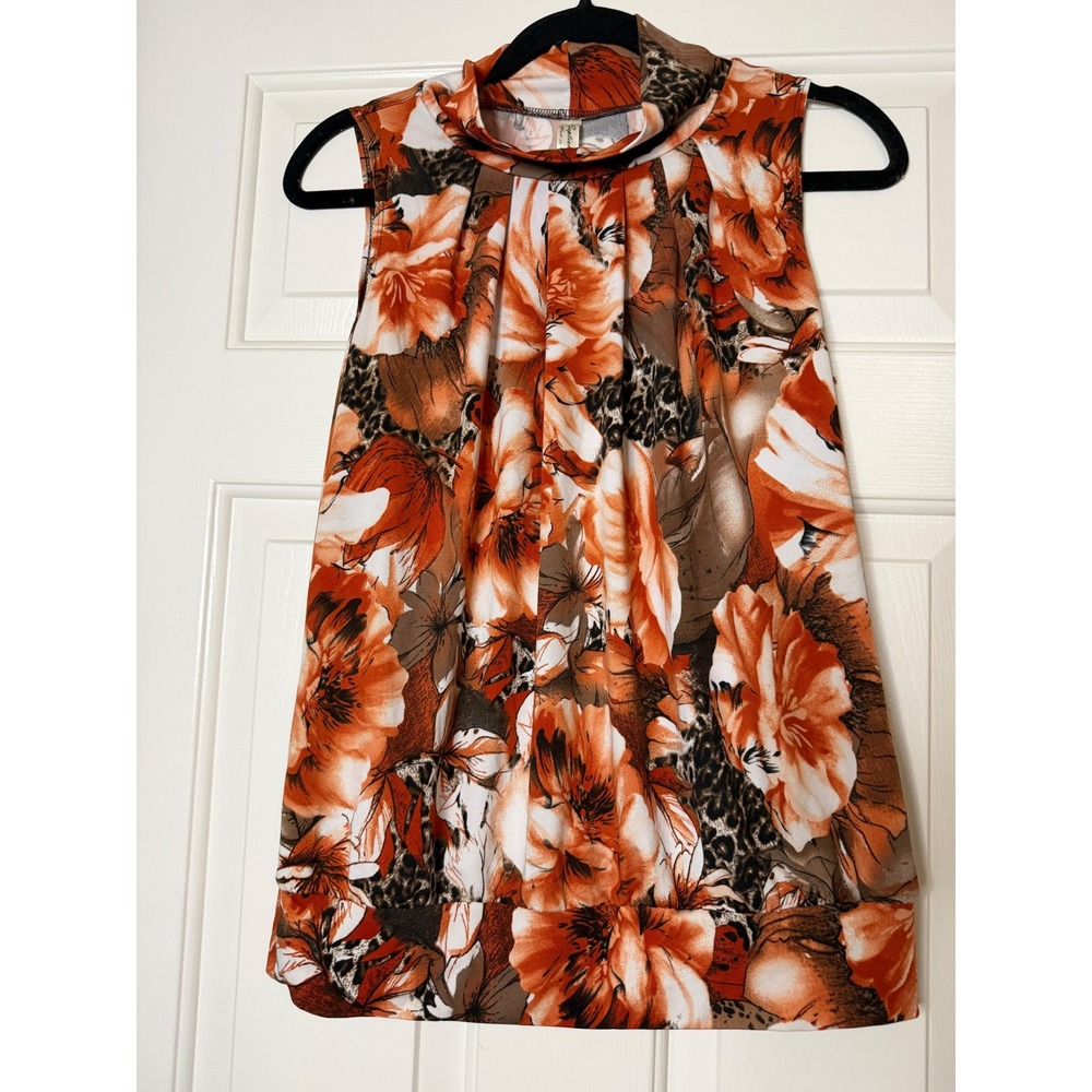 PerSeption Concept Orange Floral Leopard Print Mock Neck Sleeveless Blouse M